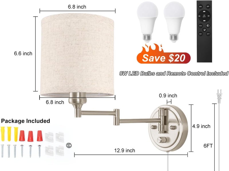 GOODATE Plug in Wall Sconces with Remote Control, Dimming & Adjustable Colors 2700K-6500K, Hardwire or Plug-in, Swing Arm Wall Lamp with Linen Fabric Shade, Wall Sconces Set of Two, Brushed Nickel Finish - Image 5